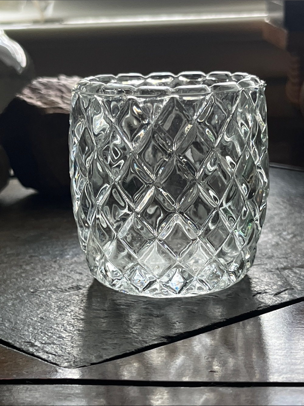 Tealite Diamond-Pattern Crystal Votive Holder Vintage by HOMCO. Made in USA